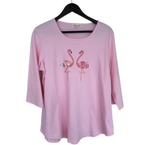 Indigo Soul Pink Sequin Flamingo 3/4 Sleeve Top - Large